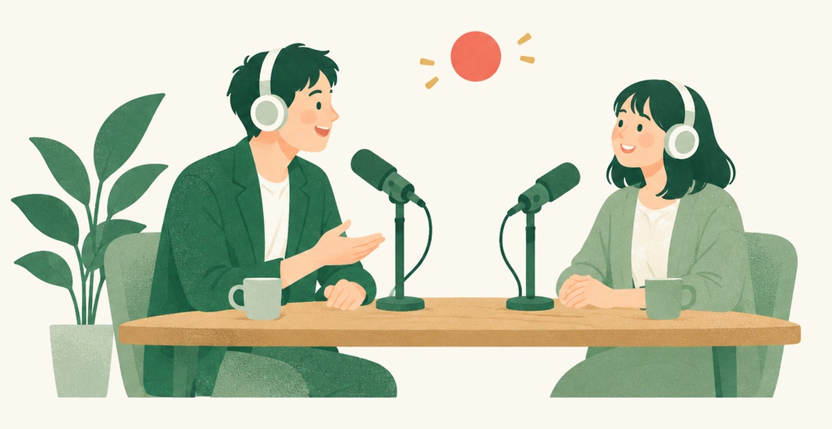 マイクの前で話す2人のイラスト