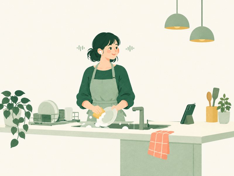 家事をしながら聴く人のイラスト