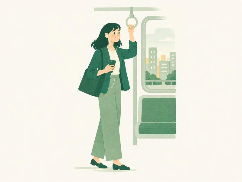 電車で音声を聴く人のイラスト